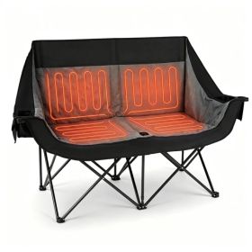 Black Dual Person Heated Folding Camping Chair 4 Heating Zones 3 Temperature Levels, Heavy Duty 660 LBS Double Outdoor Loveseat with Cup Holders Stora